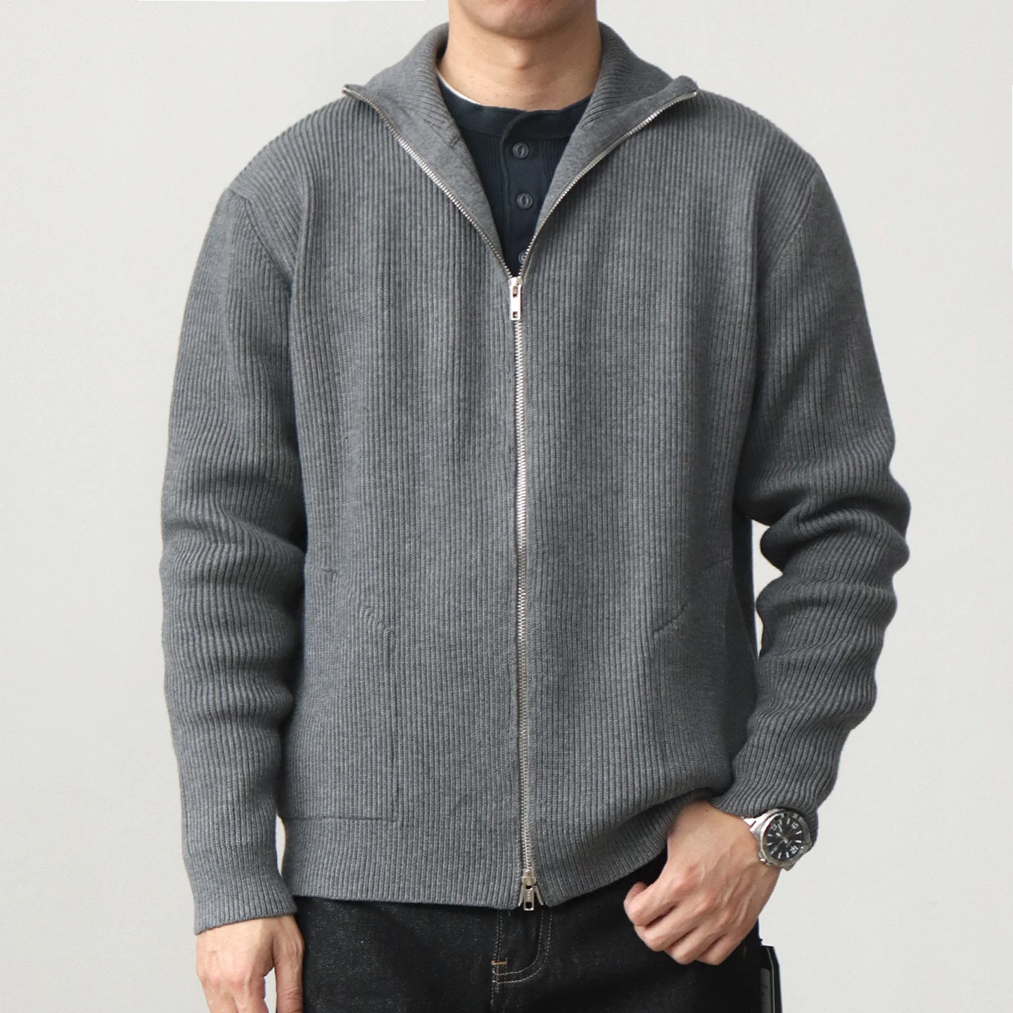 

Winter zipper cardigan sweater men's thick wool blend stand collar high collar American retro knitted jacket