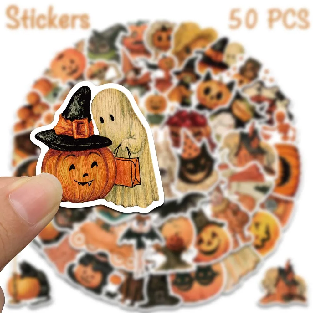 50 Stück Retro-Halloween-Aufkleber Vintage-Kürbis-Geister-Graffiti-Aufkleber für Laptop, Handy, Scrapbook, Tagebuch, DIY-Ästhetik-Aufkleber – Detail 3