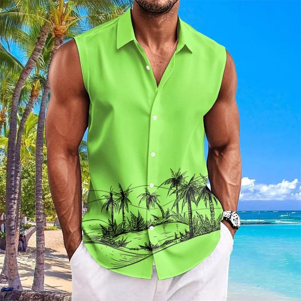 Hawaiian Shirts For Men Coconut Tree Print Simple Fashion Men Clothing Oversized Shirts Sleeveless Top Lapel T-Shirt Men's Shirt