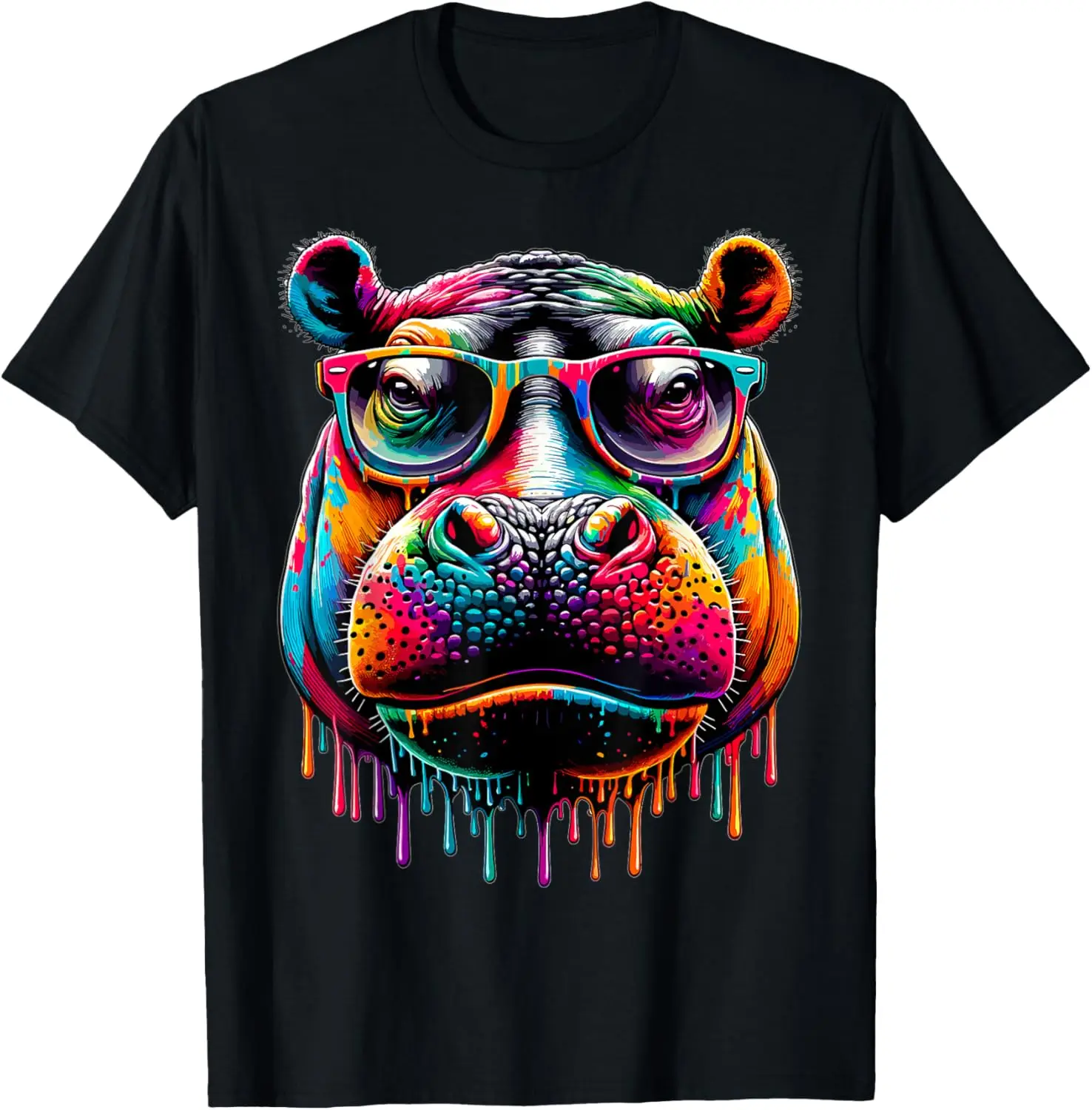 

Colorful Drip Art Hippo with Sunglasses Graphic Tee Breathable Cotton Short Sleeve Trip Shirt