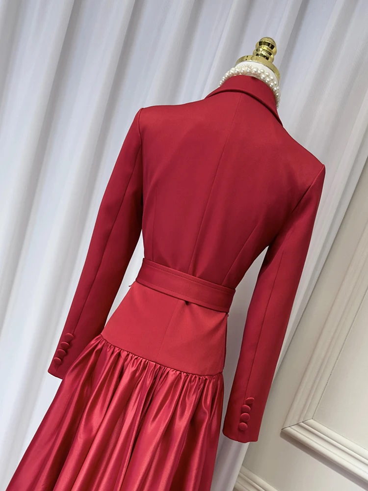 DEAT 2024 Autumn Women\'s Dress Notched Long Sleeve Belt Waist Satin Pleated Patchwork Split Female Dresses New Fashion 15C600