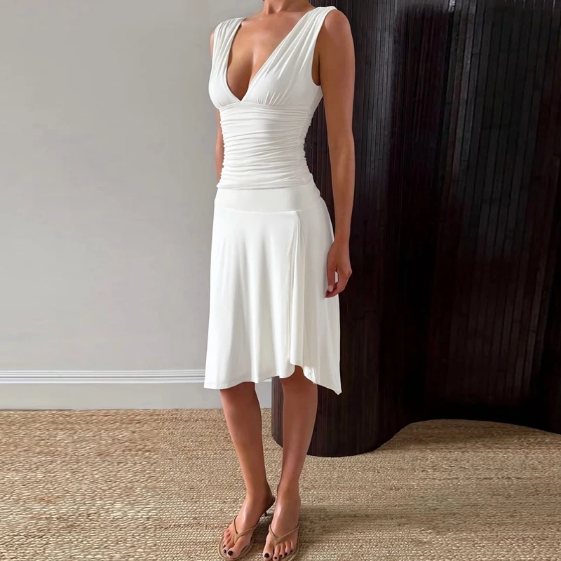 Hugcitar Fashion 2-teiliges Set, V-Ausschnitt, einfarbig, gerafftes, sexy Crop-Top, unregelmäßiger Midirock, Damen-Outfit für Strand, Urlaub, Party – Detail 17