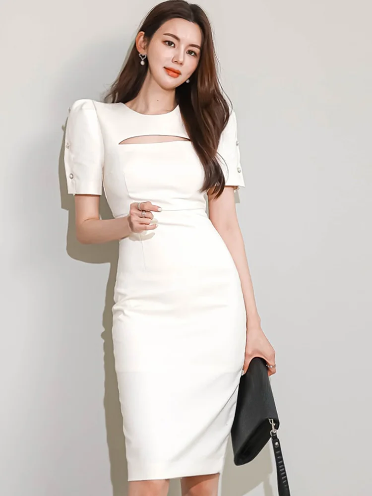 Elegant Party Dress White Summer Korean O-Neck Sexy Hollow Puff Sleeve Decorative Button OL Professional Office Lady Dress