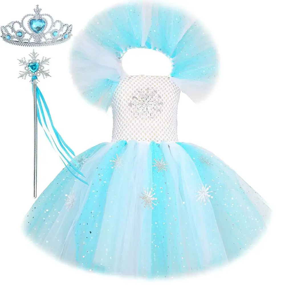 

Sparkly Elsa Princess Dresses for Girls Christmas New Years Costumes for Kids Snow Queen Clothes Glittery Snowflakes Tutu Outft