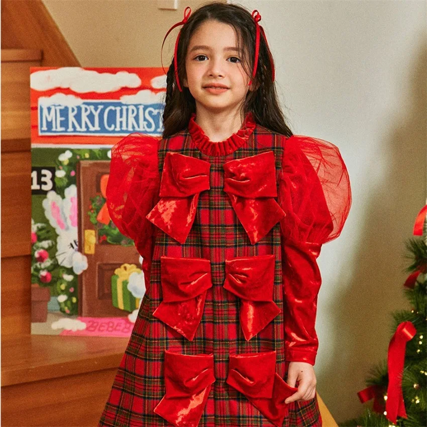 2024 spot BE children's New Year clothing Autumn and winter girls Korean version red plaid thickened dress Children's New Year p