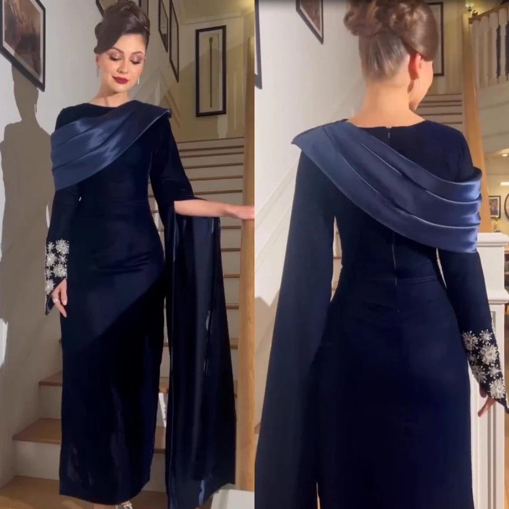 Robe de Soirée en Velours à Plis Drapé et à Perles, Tenue Trapèze à Col Rond, Personnalisée, Simple, pour Bal de Promo