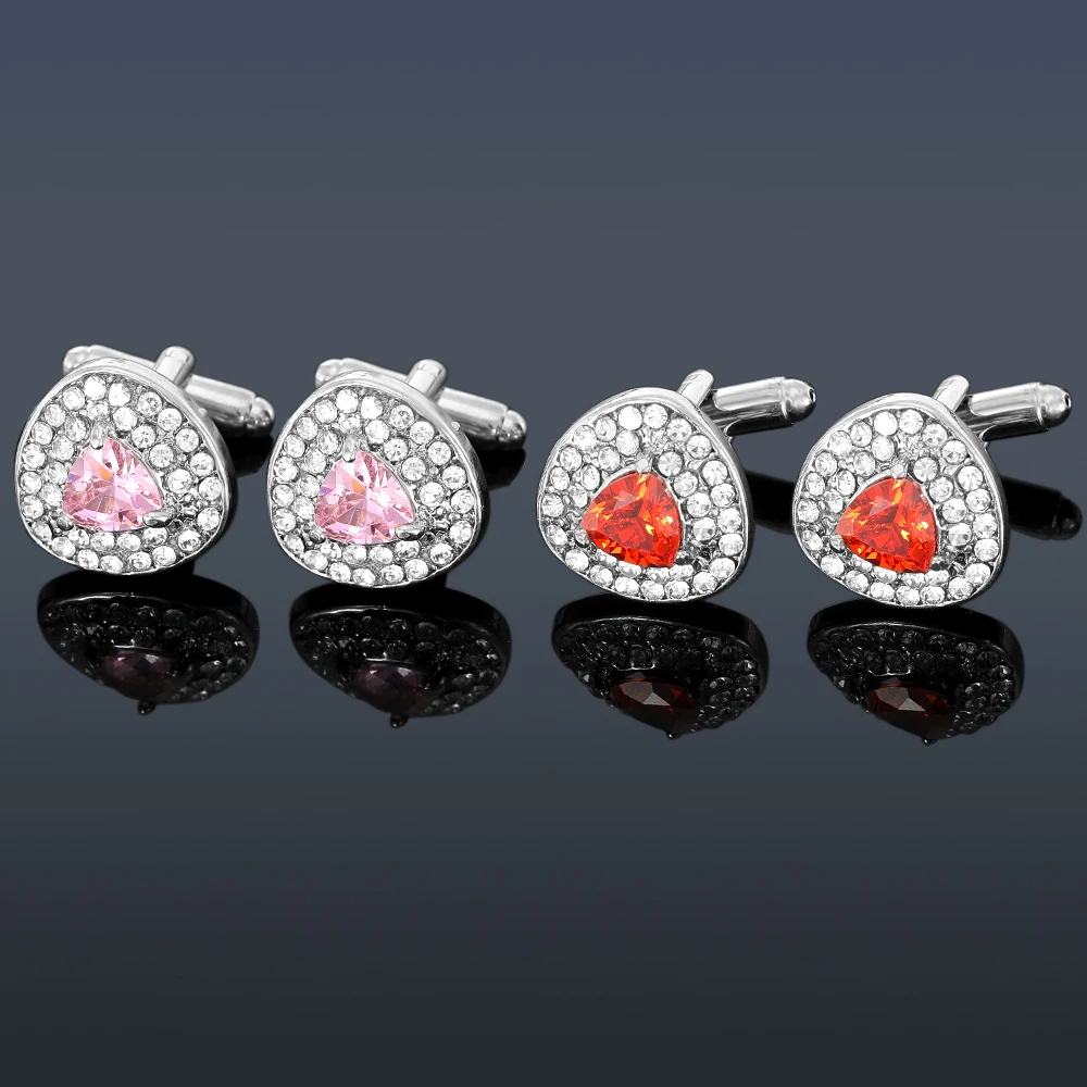 Mens Luxury Red Pink Ziron Triangle Cufflinks Full Crystal Paved Sleeve Button For Suit Tuxedo