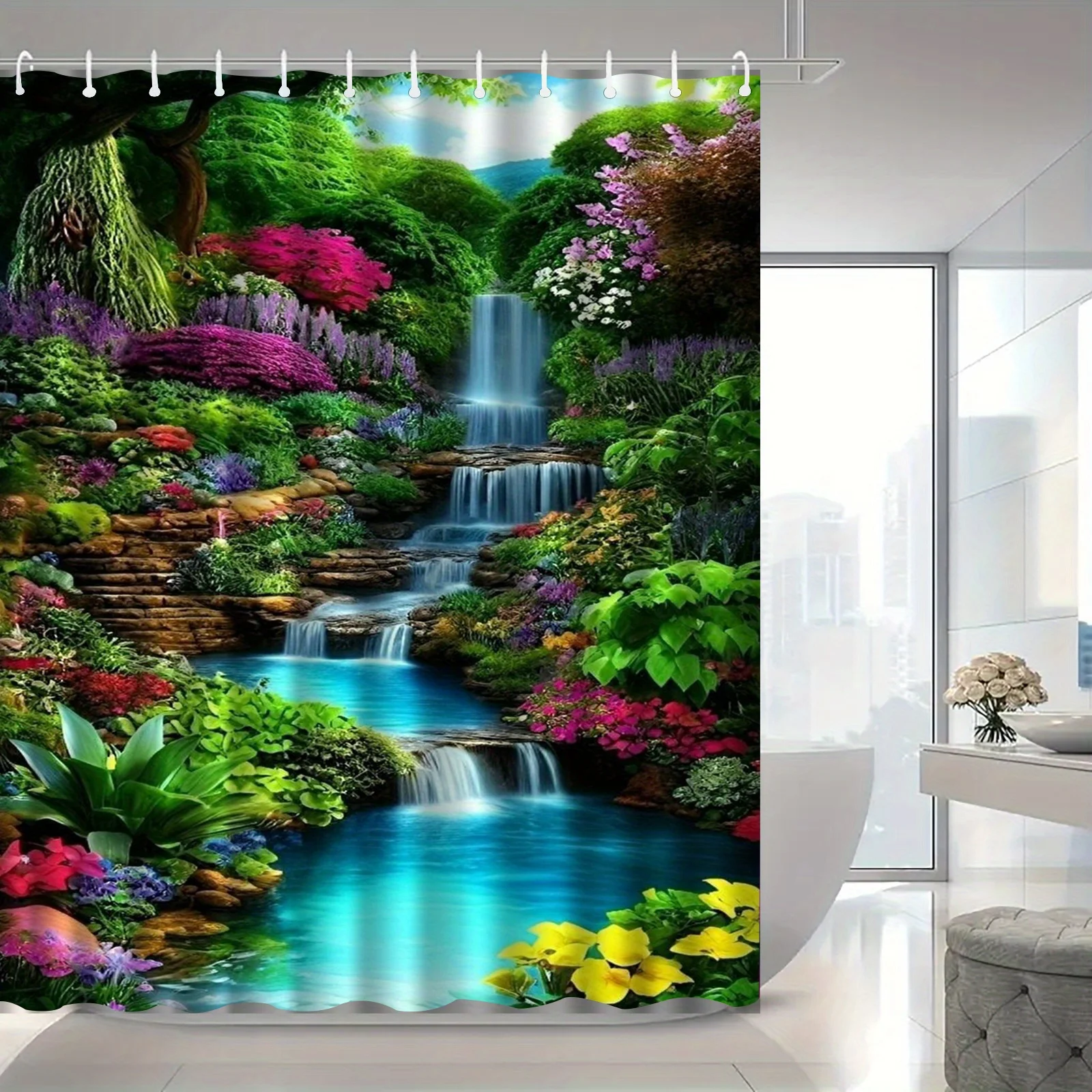 

Beautiful Garden Waterfall Shower Curtain Floral Landscape Nature Art Greenery Decor Waterproof Fabric Bath Curtain Set Home