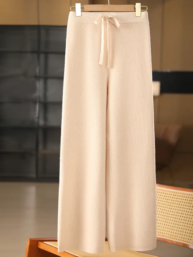 2024 New Women Drawstring Wide-Leg Pants 100% Merino Wool Knitwear Casual Grace Soft Knitting  Popular Trousers  Autumn Winter