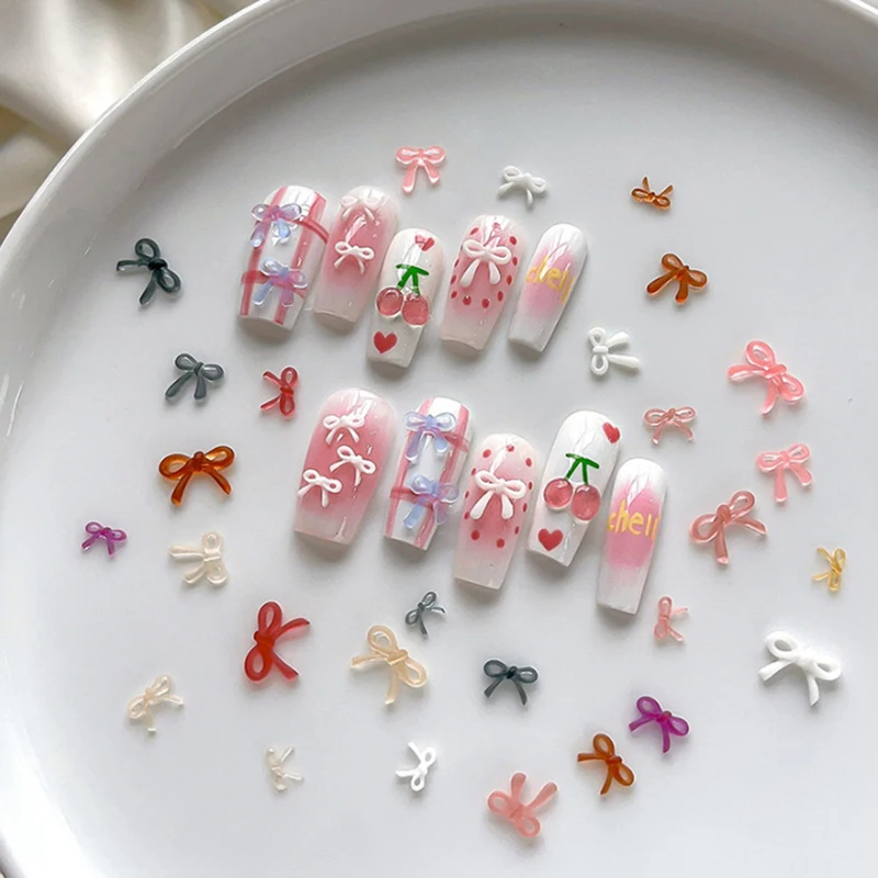 50pcs/bag New Resin Bow Nail Charm Mini Kawaii Bulk Mix Size 3D Ribbon Bowkont Nail Art Accessories DIY Nails Decorations