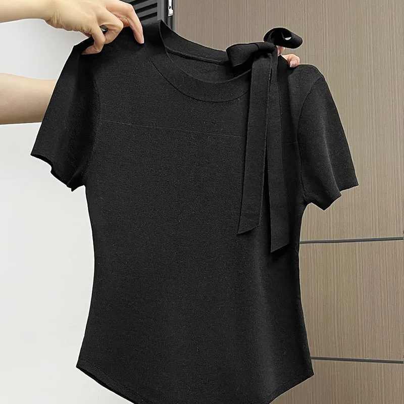 Damen Micro Transparent Gaze T-Shirt Sommermode Rundhals Basic Kurzarm Pullover Lady Premium Lace Up Schlankheitsoberteile