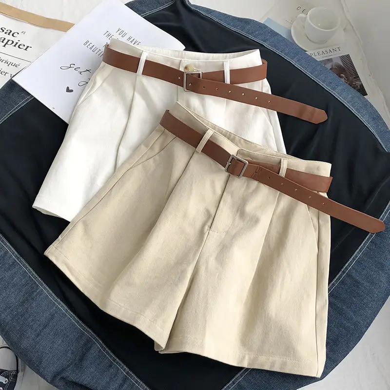 

Summer Korean Style High Waist Shorts For Women Wide Legs Pants With Belt Casual White Apricot Shorts Fashion Woman Clothing Y2k