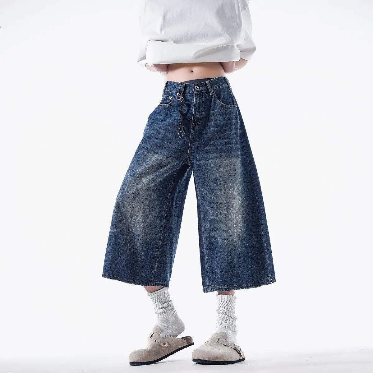 High Street Retro Blue Washed Seven-point Jeans Men's Summer New American High-end Straight Wide-leg Trousers