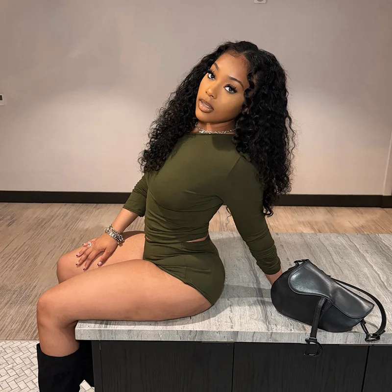 Women Solid Slim Fit 2 Piece Set Army Green Inclined Shoulder Long Sleeve T-shirts Tops + Shorts Fashion Casual Streetwear Suits