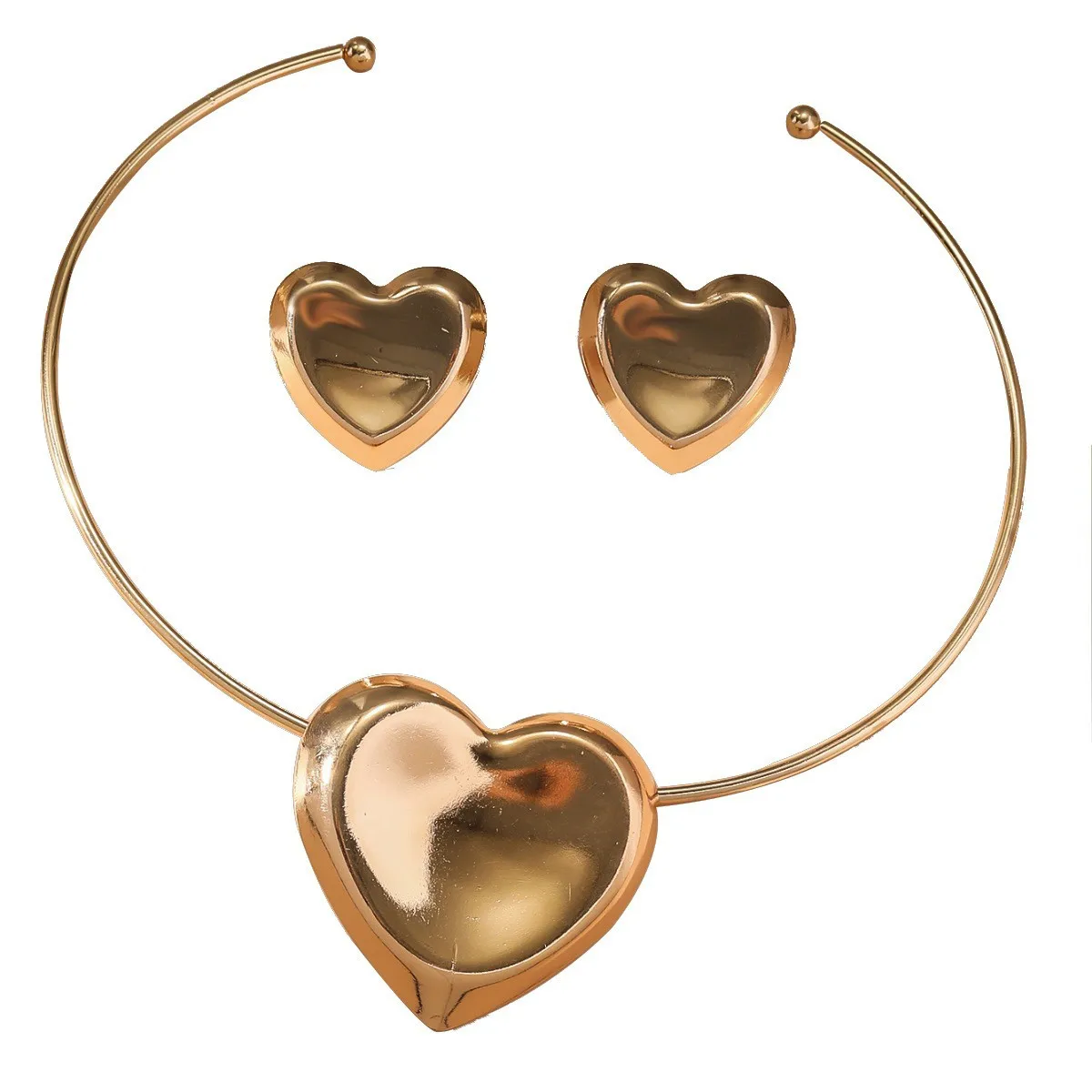 

New Trend Big Heart Shape Charm Choker Necklace Earrings for Women Creative Design Gold Color Zinc Alloy Party Jewelry Gift Sets