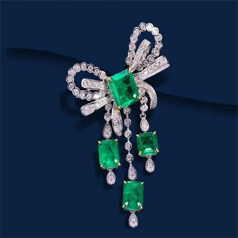 Ruihe New Super Luxury  42×70mm S925 Silver Emerald Bowknot Brooch 5A+ Cubic Zirconia Gemstones Jewelry for Woman Gift