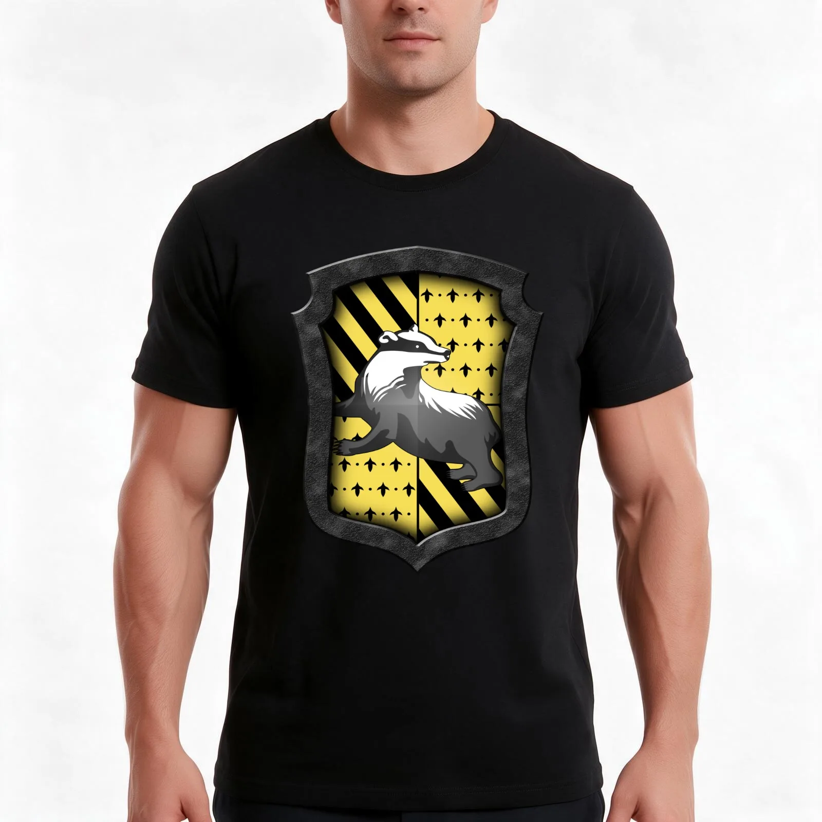 Badger House Crest Black Yellow T-Shirt, Summer Casual Cotton Tee, Oversized Streetwear Tops, Vintage Graphic Print, 100% Cotton
