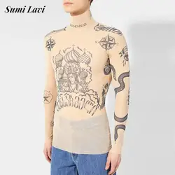 Vintage Y2K Graphic Printed Basic Tops Mens Sexy Elastic Slim Turtleneck T-shirts Men Fashionable Long Sleeve Bottoming T Shirt