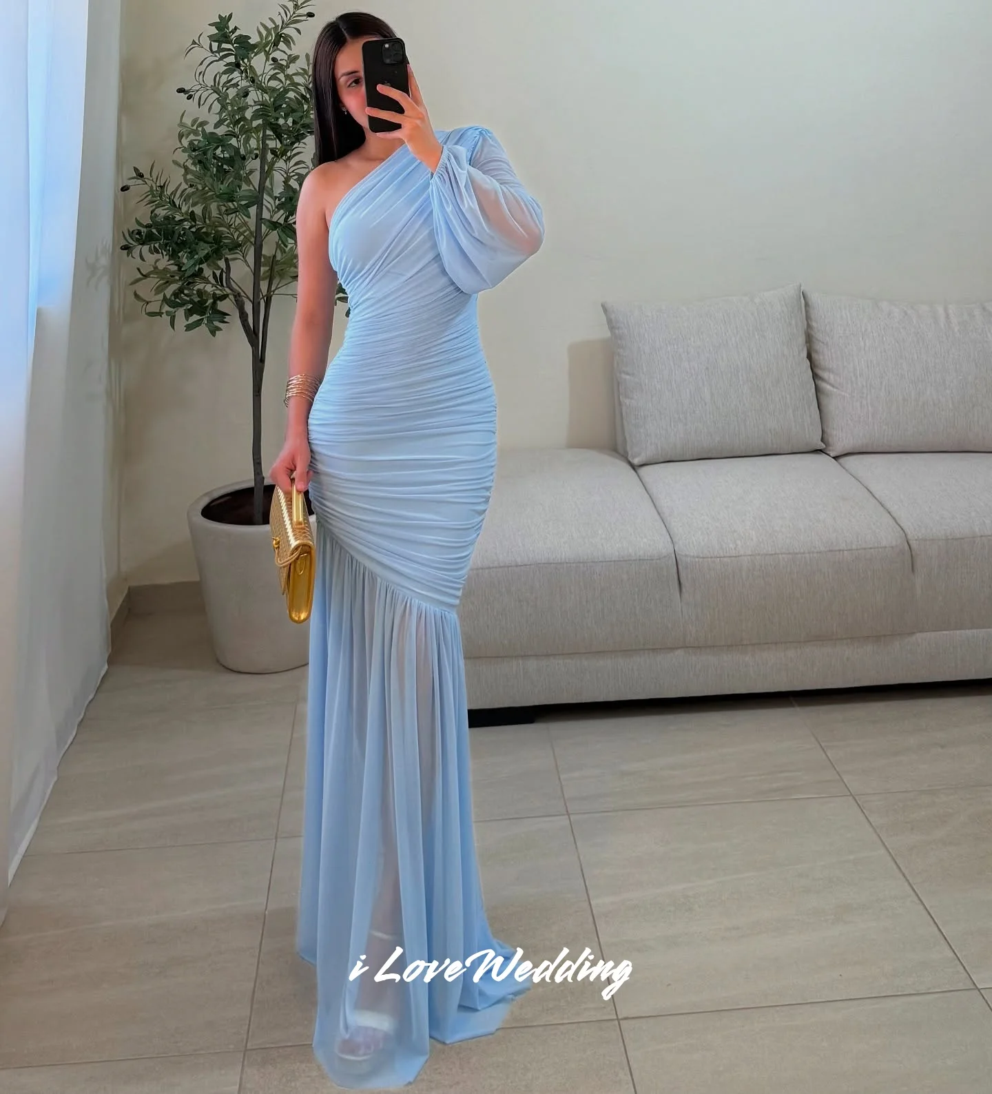 

Light Blue One Shoulder Evening Dresses 2025 Long Sleevess Mermaid Floor-Length Elegant Pleated Wedding Party Dresses Customized