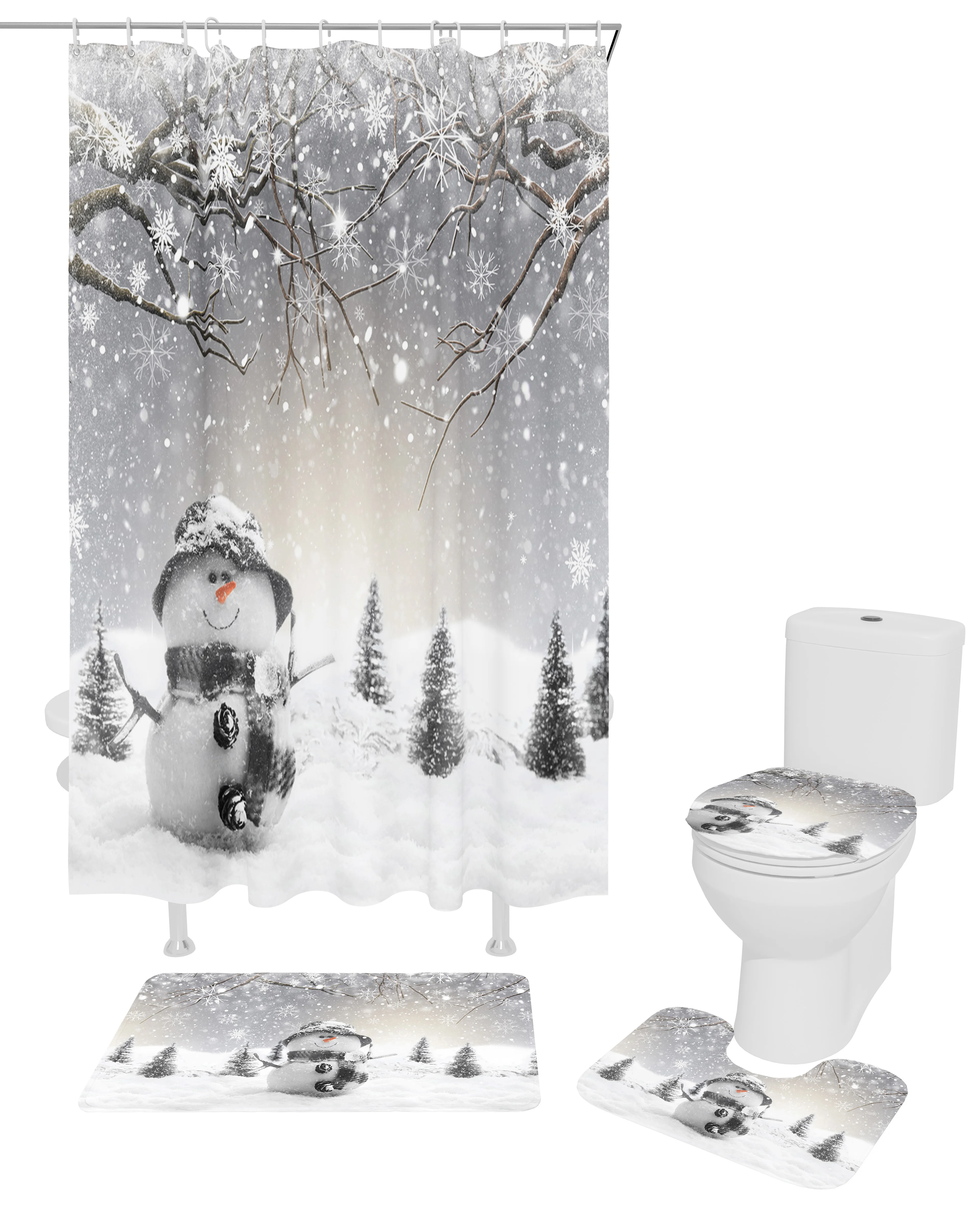 Christmas Winter Snowman Snowflakes Grey Shower Curtain Non-Slip Rugs Toilet Lid Cover and Bath Mat Bathroom Curtains with Hooks