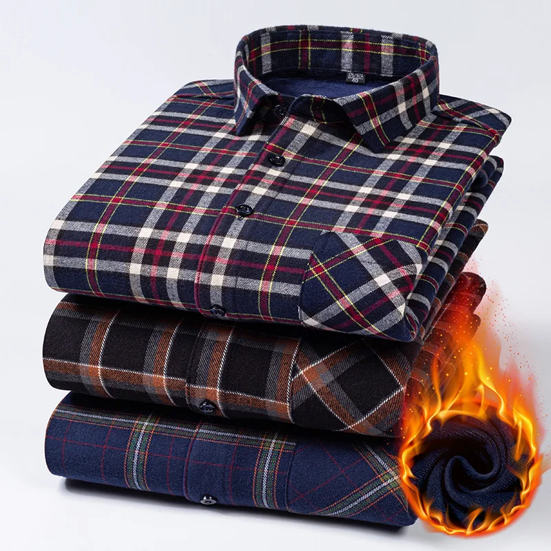 Winter Mens Fleece Warm Plaid Shirt Classic Bussiness Single Pocket Comfortable Soft Standard Fit Button Down Casual Shirts