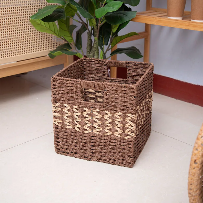 

HYS Foldable Paper Rope Square Basket Color Matching Snacks Books Toys Storage Basket Household Lattice Cabinet Drawer Storage