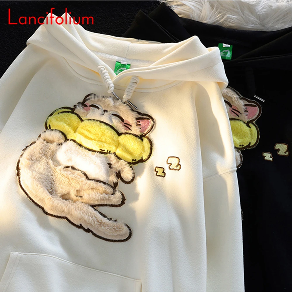 Flocking Kawaii  Cat Embroidery Hooded Hoodie Women Design Chic Kangaroo Pocket Preppy Couple Streetwear Jacket Sweatshirt Top