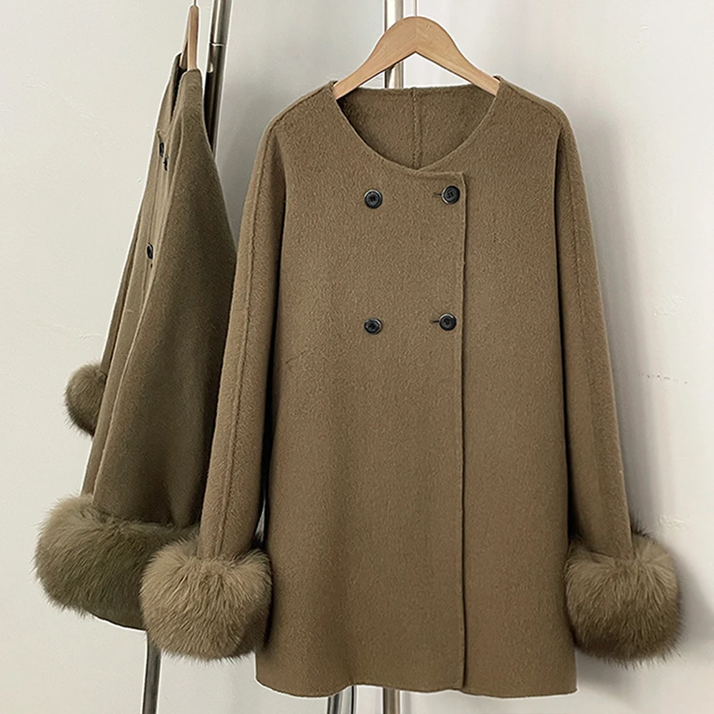 OFTBUY Neuer Damen-Doppelmantel aus Wolle mit Echten Fuchspelz-Manschetten Rundhals Warmer Winter Eleganter Modischer Wollmantel – Detail 5