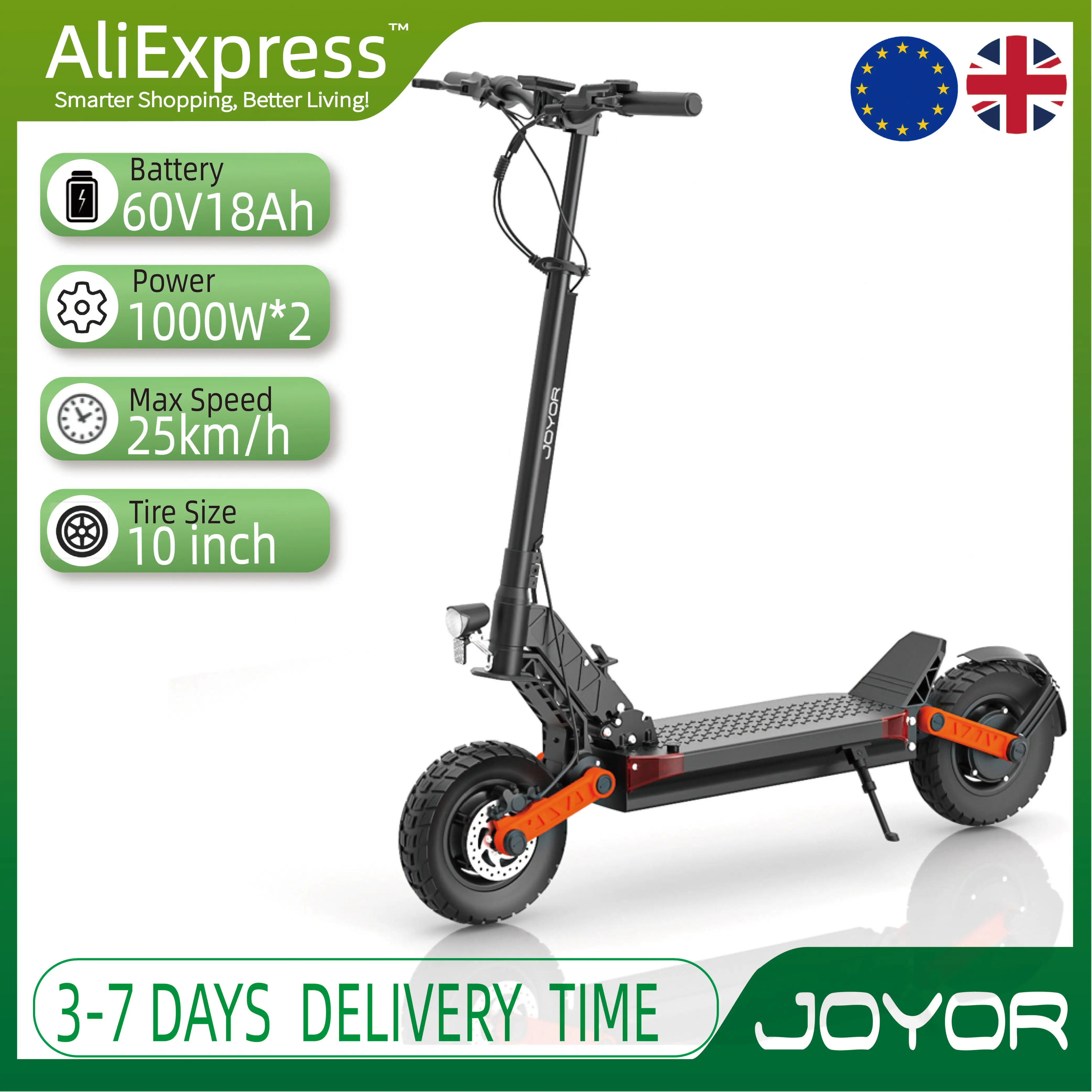 JOYOR S10-SZ Scooter elettrico Batteria da 60 V 18 Ah Doppio motore da 1000 W Velocità massima 65 km/h Portata 70-85 km Nero Pneumatico da 10 pollici E-Scooter per adulti