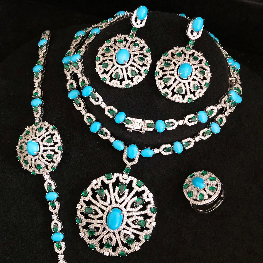 

GODKI New Fashion Turquoise UAE Dubai Bridal Jewelry Set For Women Wedding Party Nigerian African Necklace Earring Set