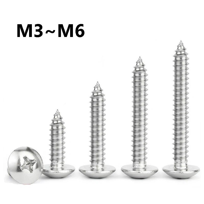 3~20Pcs 304 Stainless Steel Phillips Truss Head Self Tapping Screw M3 M3.5 M4 M5 M6 Phillips Mushroom Umbrella Head Wood Screw