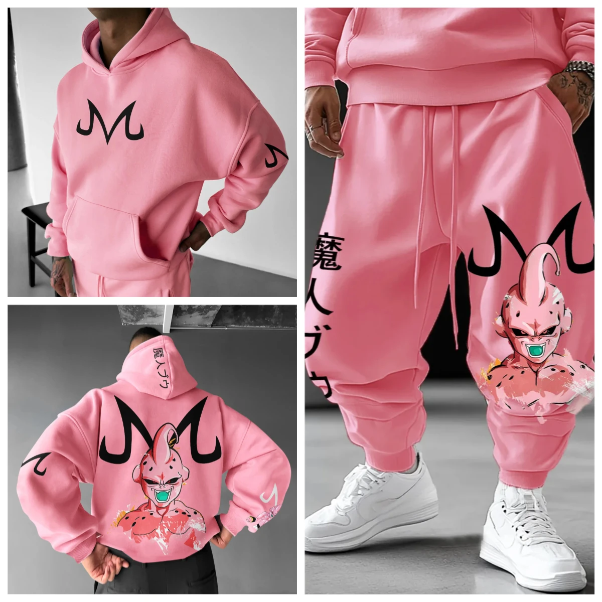 Majin Buu Hoodie Pants Set Anime Cotton Loose Fit Graphic Print 