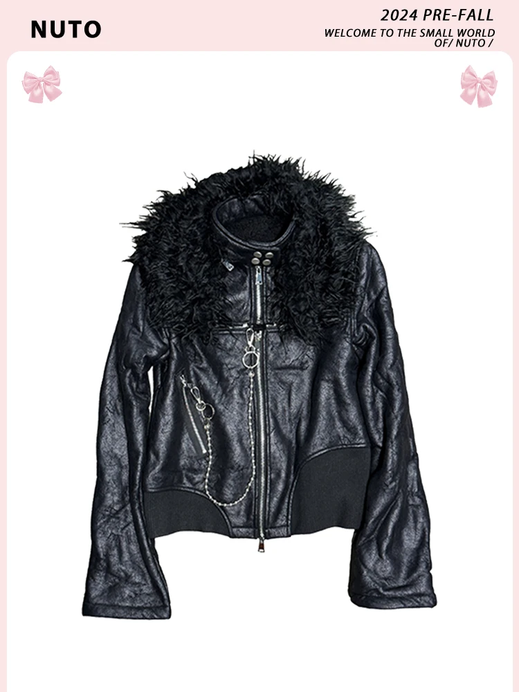 Gothic Women Leather Jacket Black Fur Collar Metal Patch Zip-up Punk Subculture Jacket Streetwear Outerwear Coat