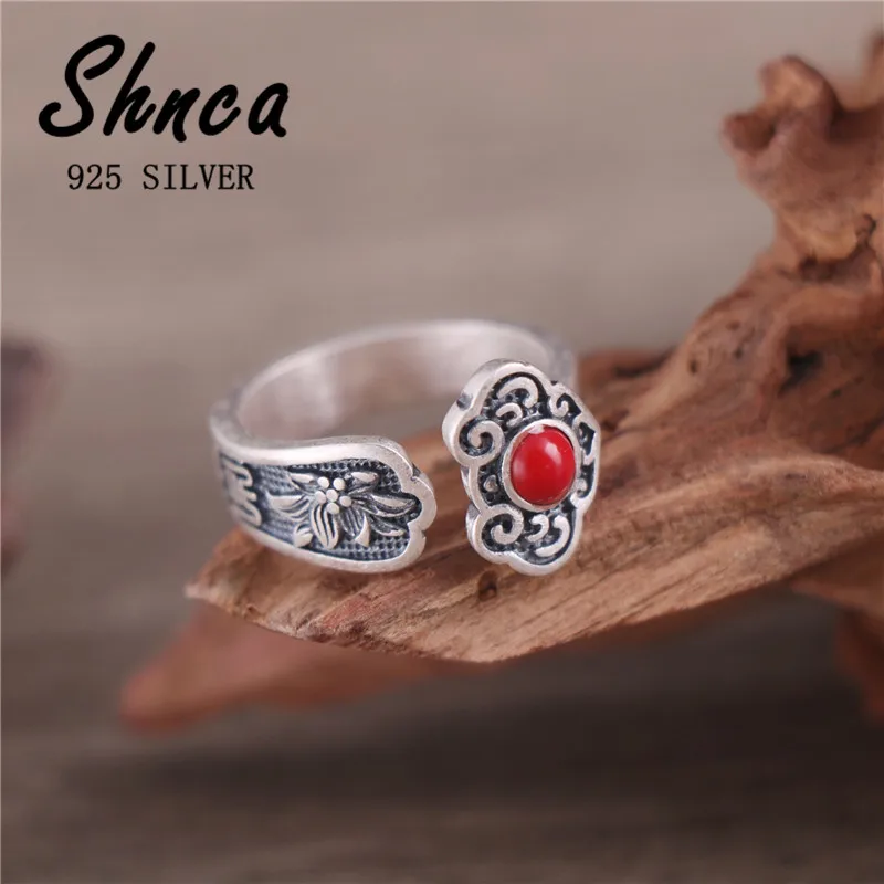 Vintage 925 Sterling Silver Lotus Flower Red Agate Thai Silver Open Rings For Women Girl High Quality Jewelry LR264