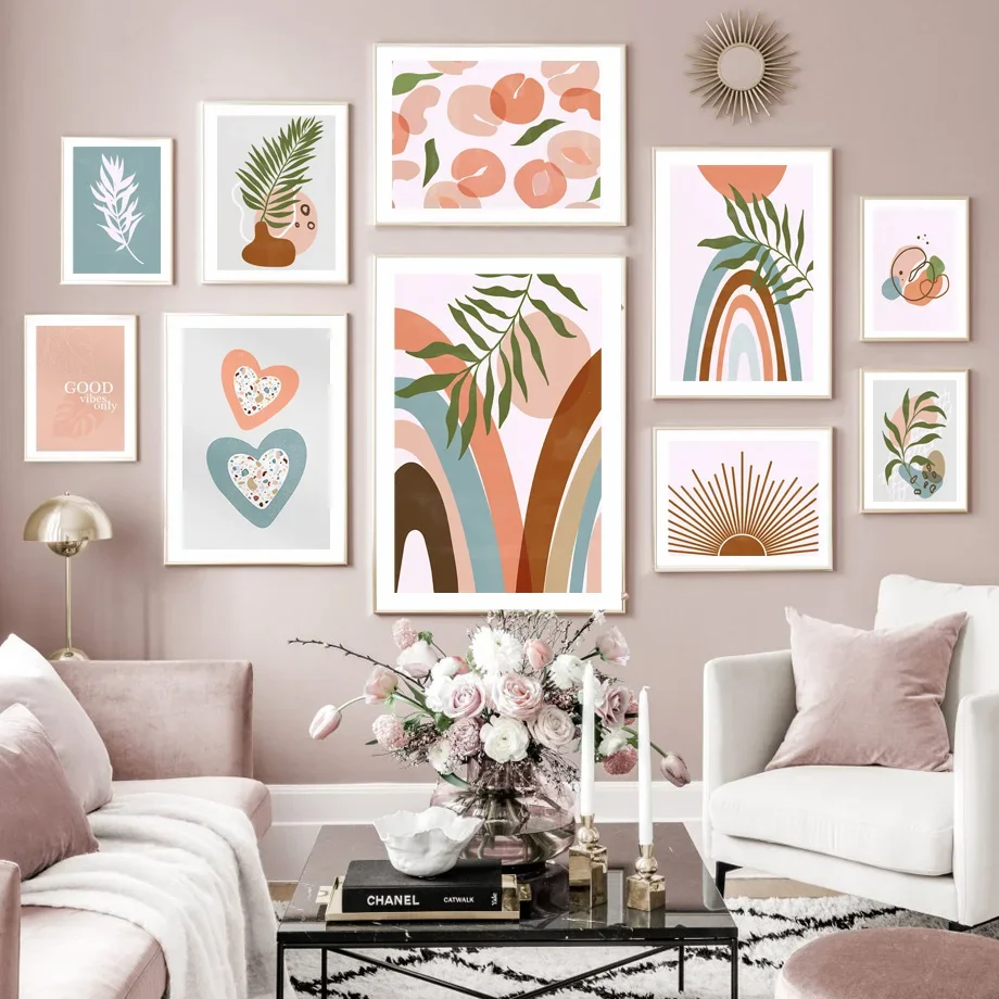 

Boho Sunshine Rainbow Leaves Heart Peach Wall Art Print Canvas Painting Nordic Poster Abstract Decor Pictures For Living Room
