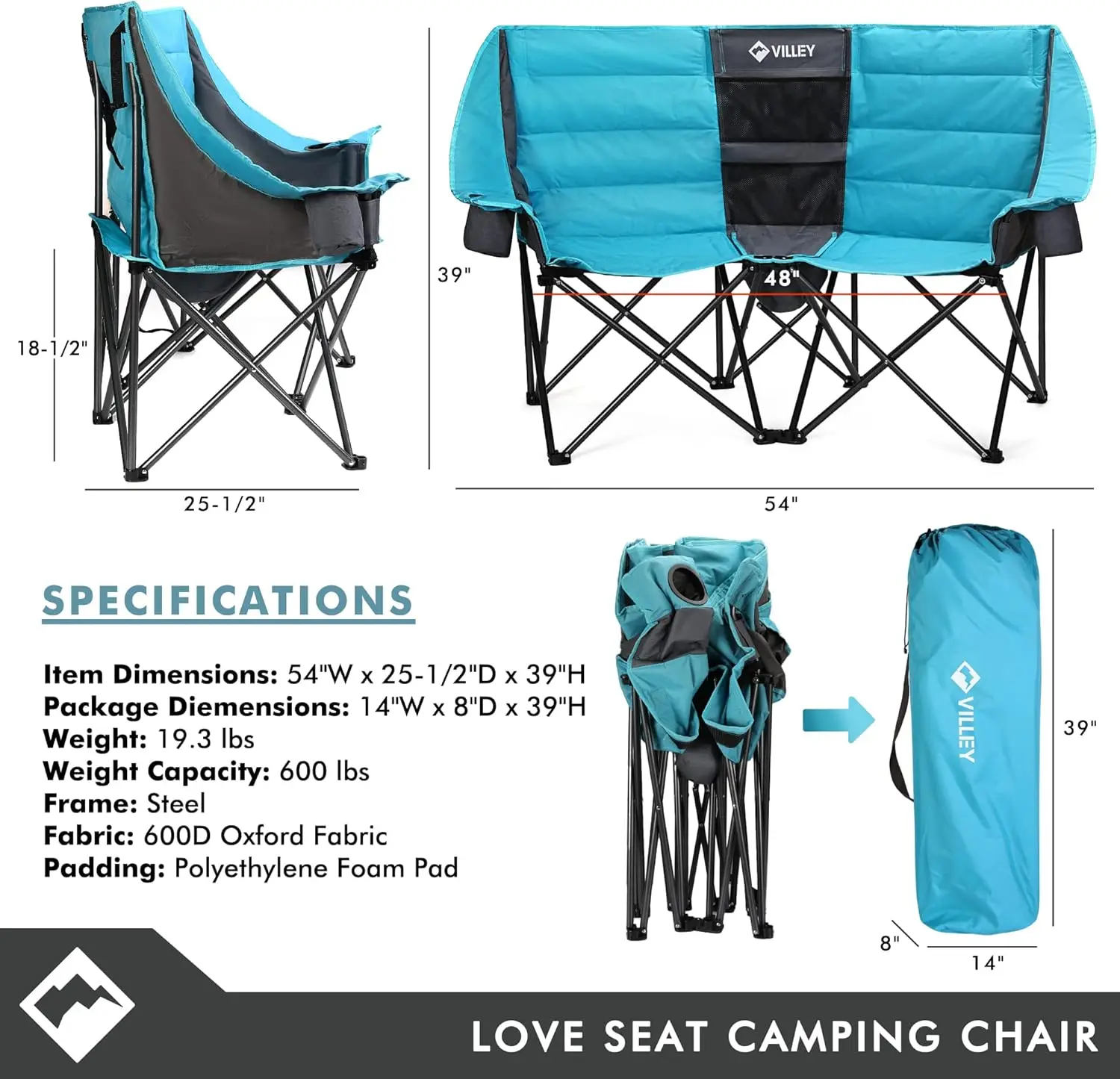 Bag, Extra Wide Loveseat, Heavy Duty Padded Camping Couch, Portable Folding Chair w/Carry Bag Steel Frame Cup Holders for Camp L