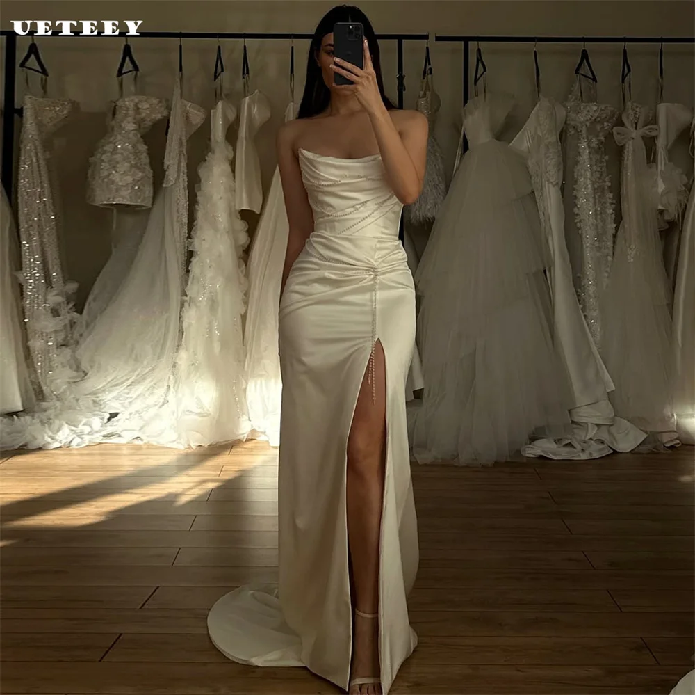 

UETEEY Customized Strapless Beading Pleat Crepe Mermaid Wedding Dress Zipper Back Side Slit Floor Length vestidos de novia