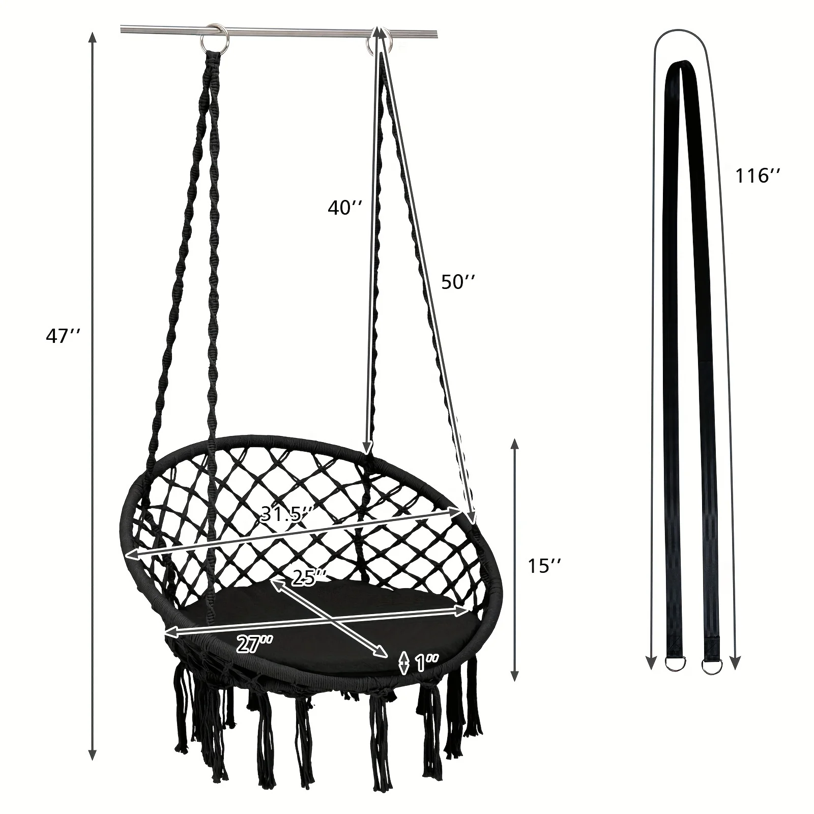 1pc Hammock Swing Chair With Cushion, Hanging Hardware Kit, Indoor Outdoor Furniture, Black