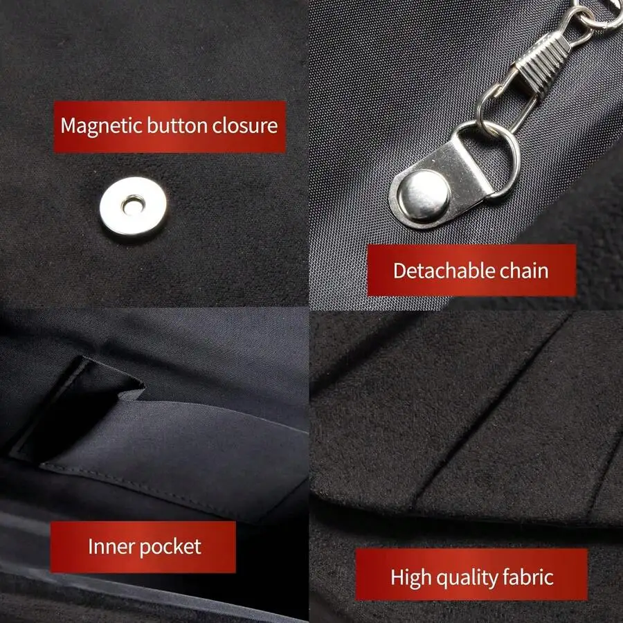 

Elegant Black Velvet Pleated Clutch With Magnetic Snap, Inner Pocket, Detachable Chain, High-Quality Fabric For Formal Events