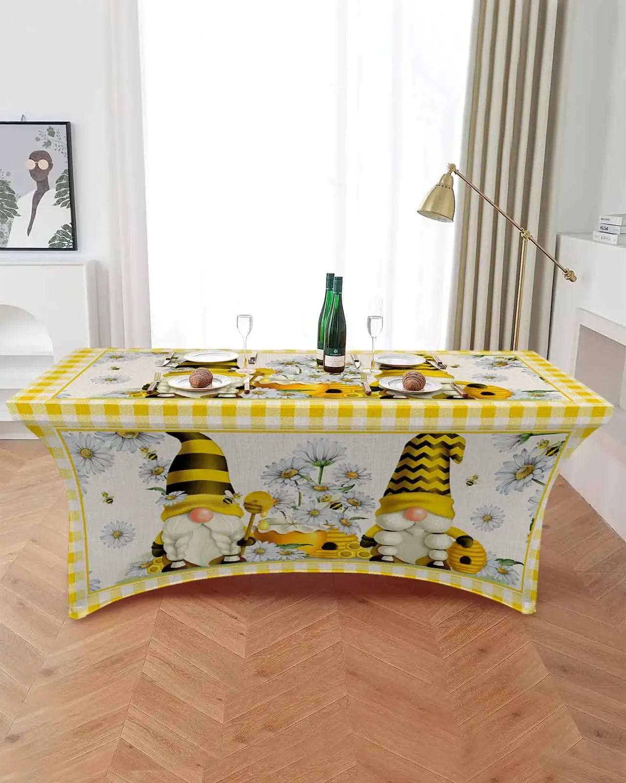 Pastoral Spring Bee Daisy Gnome Elastic Table Skirt Wedding Hotel Birthday Table Cover Buffet Table Tablecloth Decor