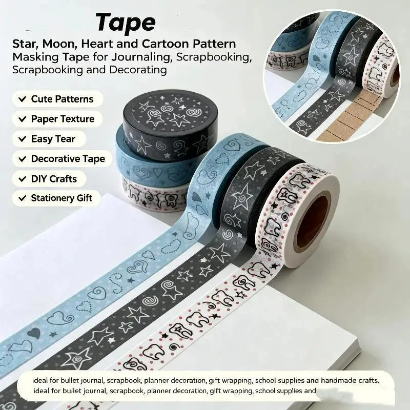 Korean Cute Wings Pentagram Teeth Decorative Paper Tape Set Stationery for Handmade Greeting Card Making