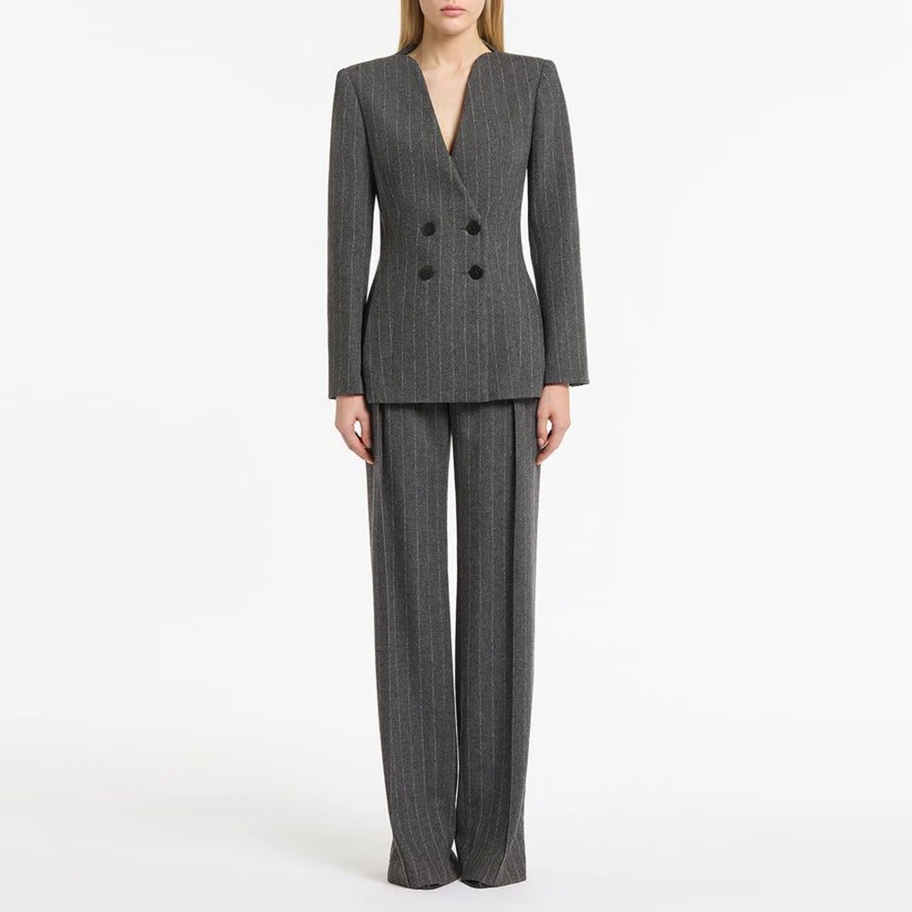 

Deep Grey Stripe two Pieces Suit Set for Women Double Breasted V-neck Jacket Pant Set Slim Fit Office Business Female Clothing