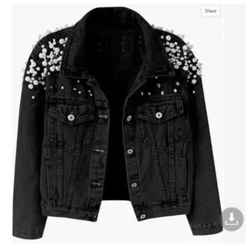 Spring and Summer Heavy Beaded Denim Jacket Women\'s Short Long Sleeve Fashion Jacket Large Pearl Denim Jacket Coat for Women