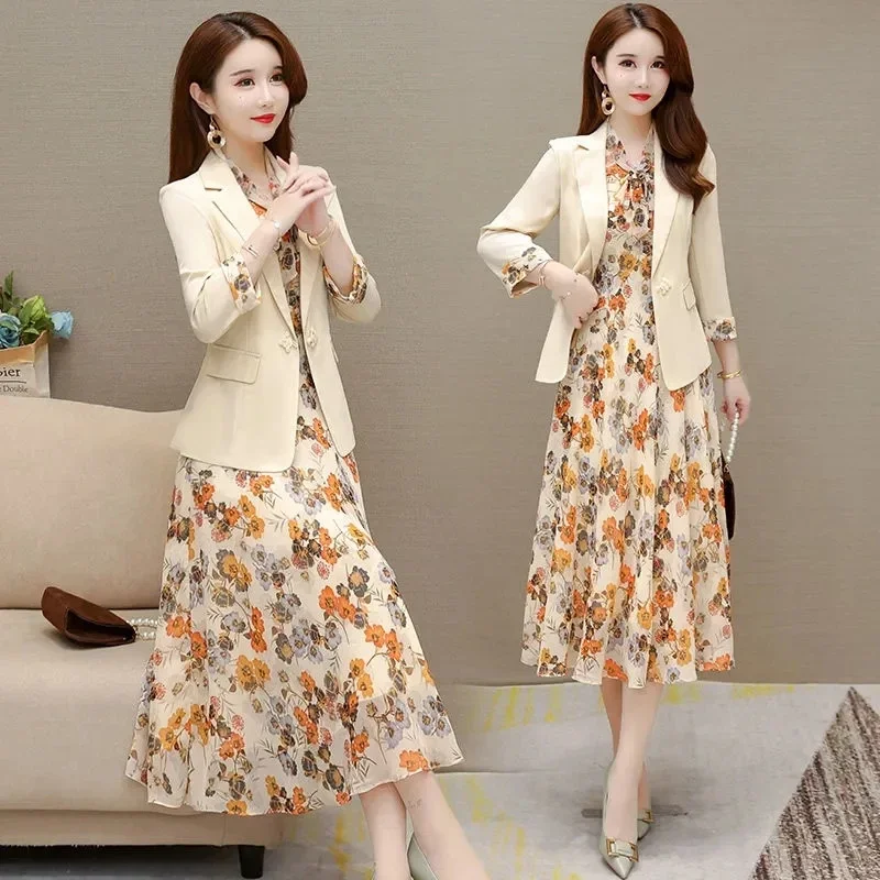 Vintage Floral Dress Suits Women Chiffon 2 Piece Sets Korean Unlined Blazer Outfits Tank Print Dresses Tracksuit Boho Ensemble