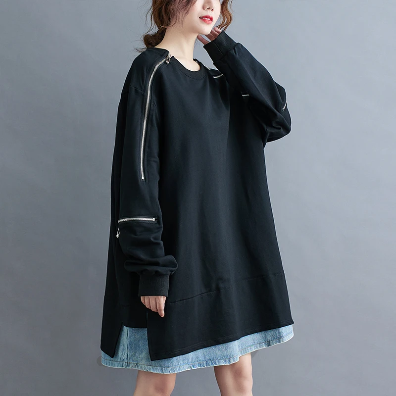 

SuperAen Oversize Design Hem Denim Panels Fake Two-piece Sweatshirt Dress Woman Autumn and Winter Long Sleeve Dress