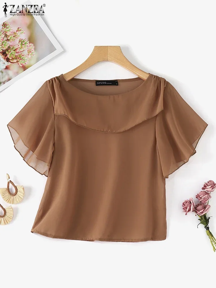 ZANZEA 2025 Estate Magliette e camicette Delle Donne di Modo Coreano Camicetta di Chiffon Elegante Manica Corta Solido Camicia Tunica Casual Allentato Volant Orlo Blusa