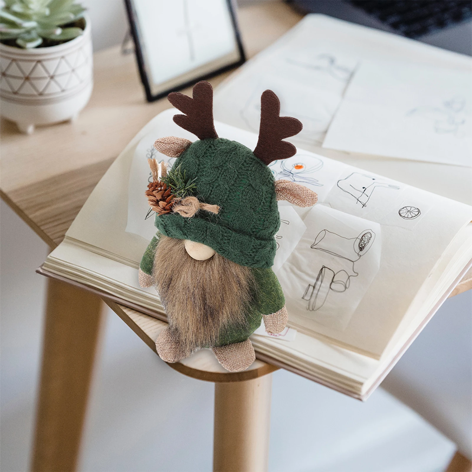 Décor de Gnome cornes de cerf, thème forêt, ornements de noël, tissu doux, chapeau vert, décoration de fenêtre en tricot pour personnes âgées