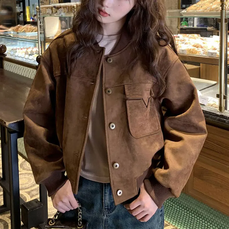 

American Retro Short Coats Female Clothing Baseball Collar Autumn Winter Loose Solid Color Basic Fashion Single-breasted Jackets