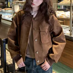 American Retro Short Coats Female Clothing Baseball Collar Autumn Winter Loose Solid Color Basic Fashion Single-breasted Jackets