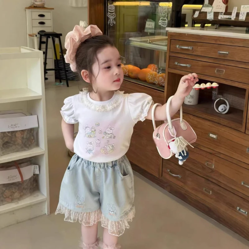

2026 Summer New Cute Children's Bubble Sleeve Bunny Print Top and Denim Patchwork Lace Shorts Two-piece Set